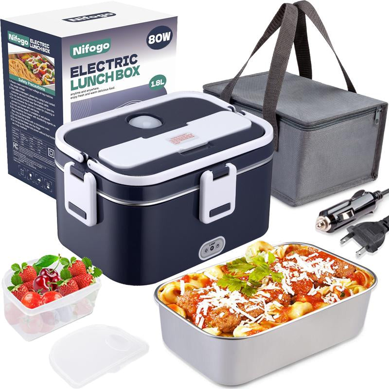 Electric Lunch Box Portable Food Warmer for Adults, 80W Food Warmer Lunch Box 1.5&1.8L Stainless Steel Containers & Bags 12V/24V/110V Stainless Steel Containers, Forks, Spoons & Bags for Car/Truck/Work/Outdoor Use