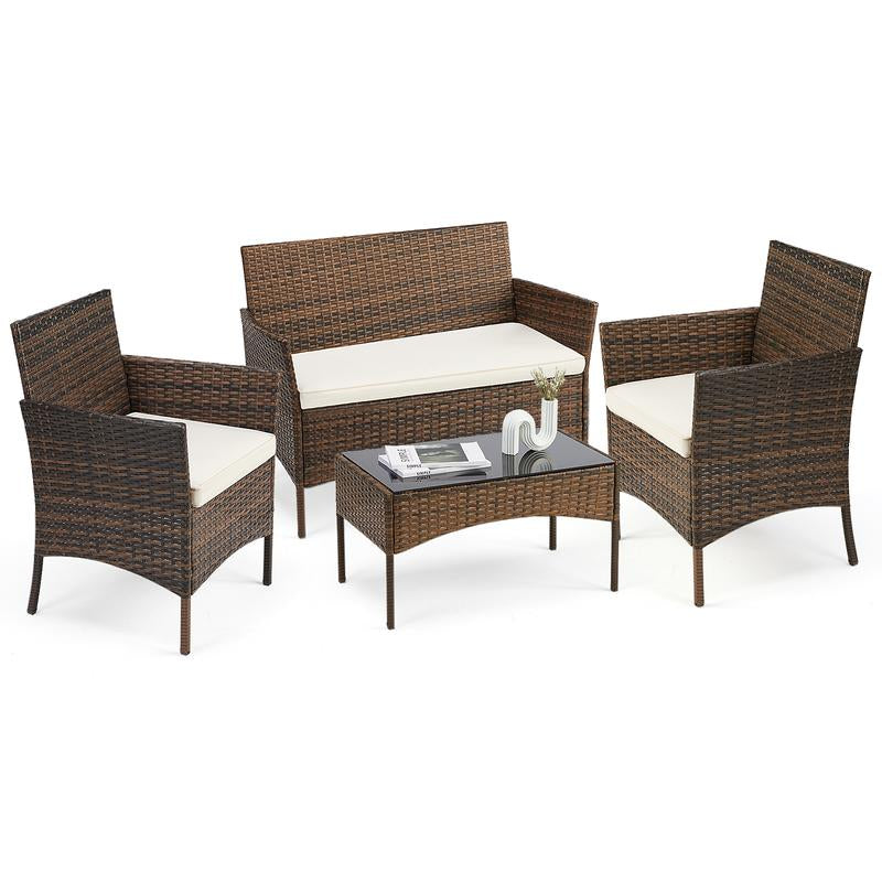 Furniture Set 4 Pieces Outdoor Rattan Chair Wicker Sofa Garden Conversation Bistro Sets for Yard,Pool or Backyard Patio Furniture Set 4 Pieces, Outdoor Furniture with Glass Table, Weaving Wicker Rattan Patio Chairs for Garden, Terrace, Porch, Lawns