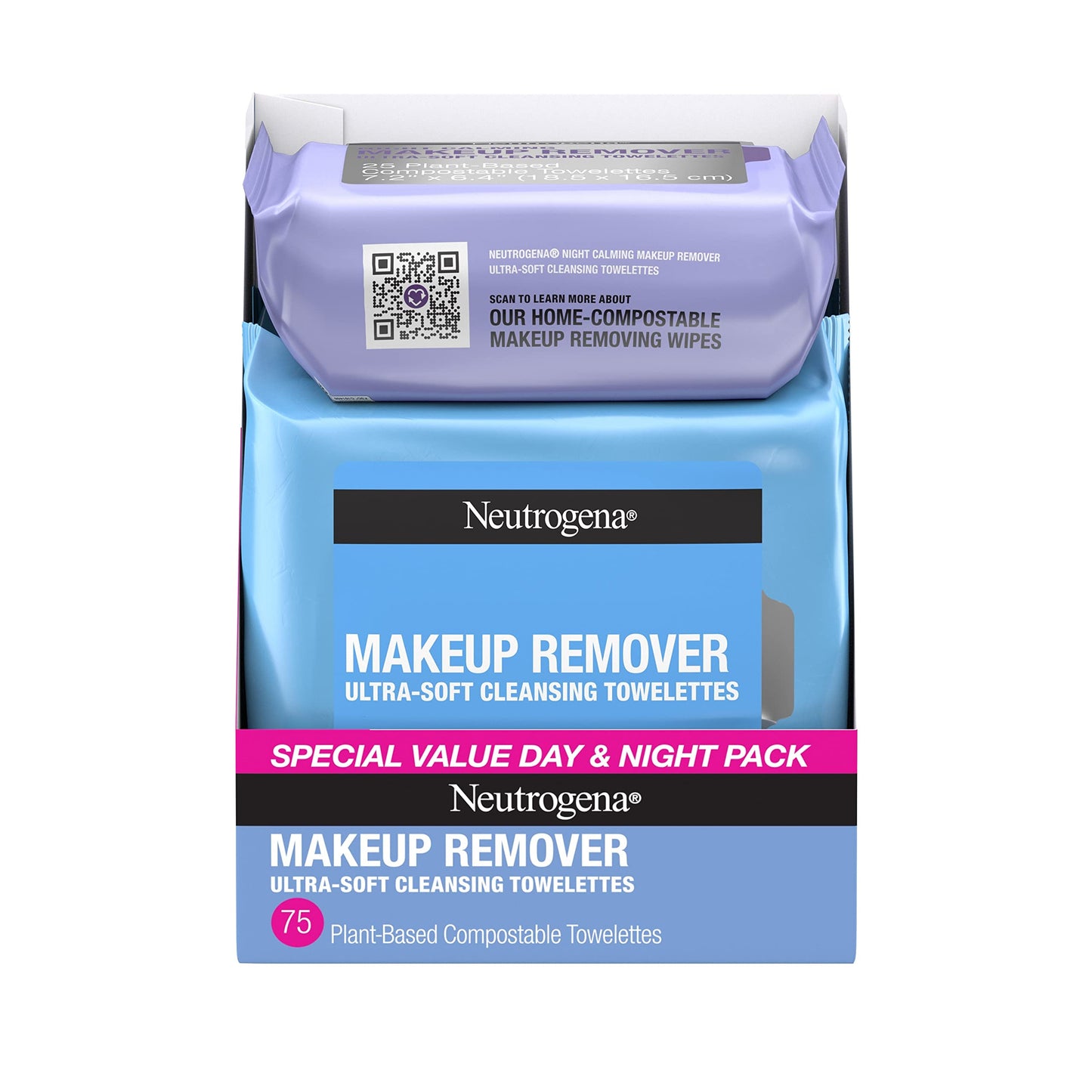 Neutrogena Makeup Remover Wipes, Ultra-Soft Cleansing Facial Towelettes for Waterproof Makeup, Alcohol-Free, Plant-Based, Twin Pack, 25 Count (Pack of 2)