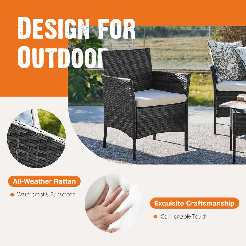 Furniture Set 4 Pieces Outdoor Rattan Chair Wicker Sofa Garden Conversation Bistro Sets for Yard,Pool or Backyard Patio Furniture Set 4 Pieces, Outdoor Furniture with Glass Table, Weaving Wicker Rattan Patio Chairs for Garden, Terrace, Porch, Lawns