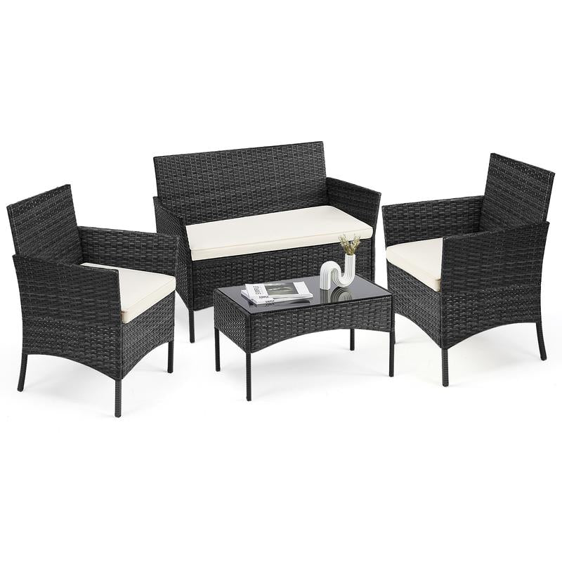 Furniture Set 4 Pieces Outdoor Rattan Chair Wicker Sofa Garden Conversation Bistro Sets for Yard,Pool or Backyard Patio Furniture Set 4 Pieces, Outdoor Furniture with Glass Table, Weaving Wicker Rattan Patio Chairs for Garden, Terrace, Porch, Lawns