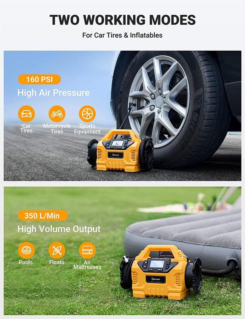 Astroai Cordless Tire Inflator Portable Air Compressor for Car 160PSI with HD Screen, 3 Power Sources & Dual Powerful Motors, Heavy Duty Air Pump Inflation/Deflation Father Day Gifts